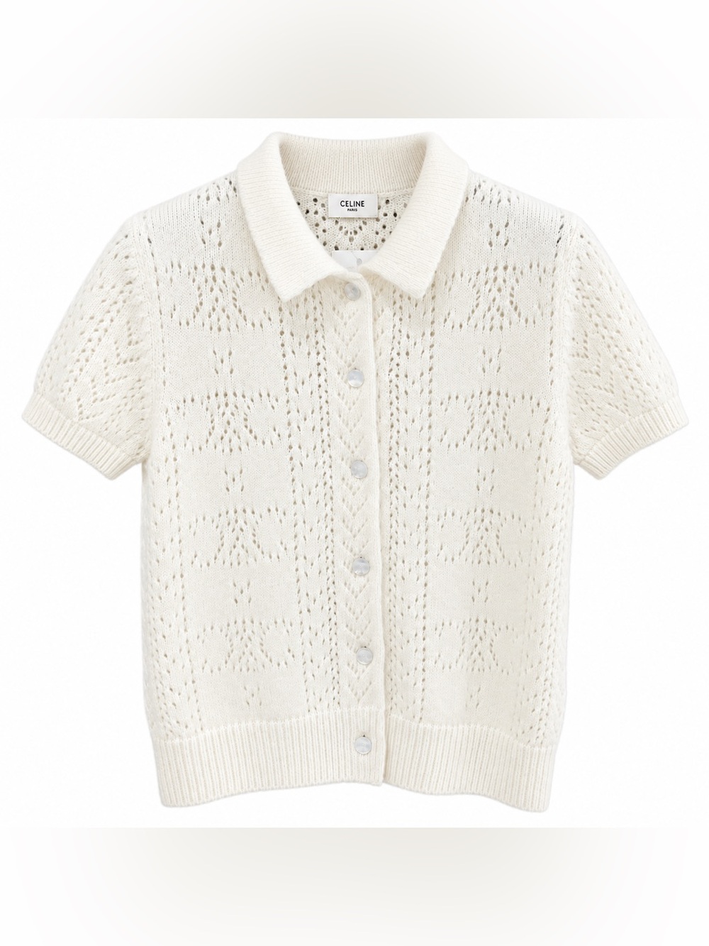 Celine Cream Short-Sleeve Openwork Knit Polo Cardigan